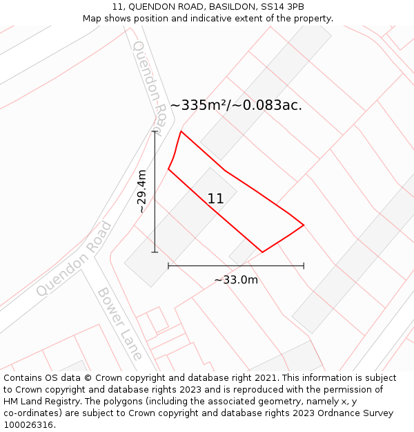 11, QUENDON ROAD, BASILDON, SS14 3PB: Plot and title map