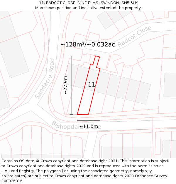 11, RADCOT CLOSE, NINE ELMS, SWINDON, SN5 5UY: Plot and title map