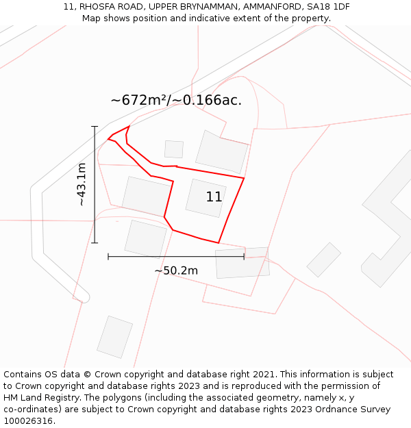 11, RHOSFA ROAD, UPPER BRYNAMMAN, AMMANFORD, SA18 1DF: Plot and title map