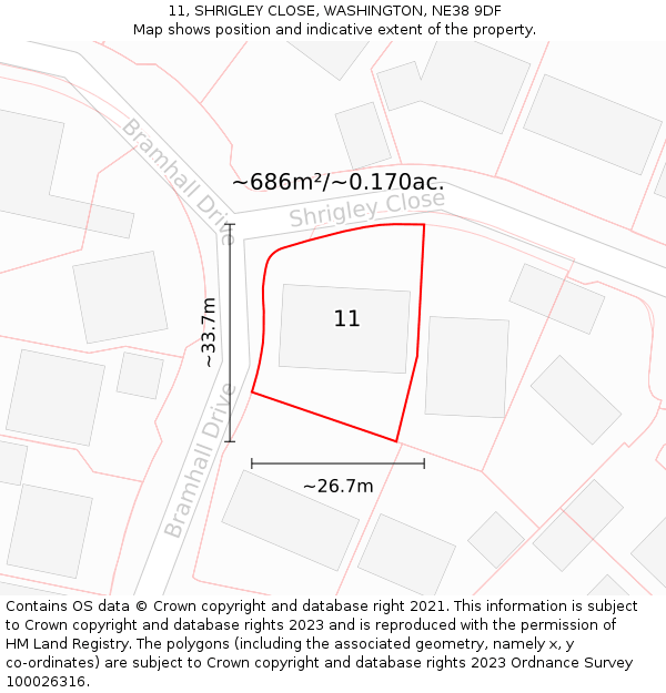 11, SHRIGLEY CLOSE, WASHINGTON, NE38 9DF: Plot and title map