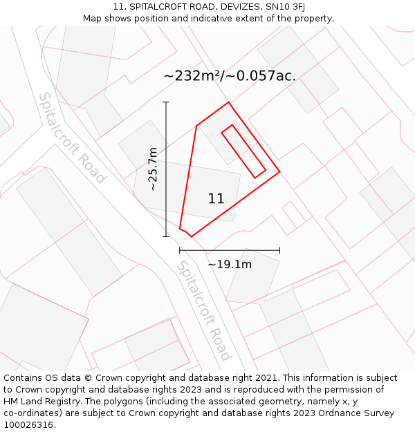 11, SPITALCROFT ROAD, DEVIZES, SN10 3FJ: Plot and title map