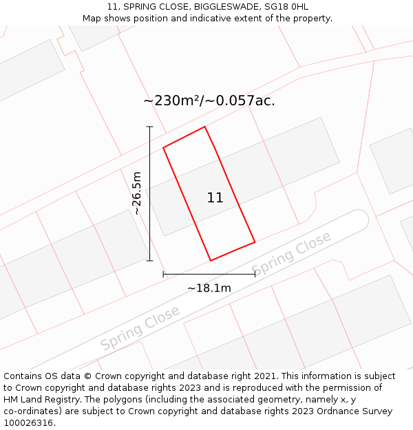 11, SPRING CLOSE, BIGGLESWADE, SG18 0HL: Plot and title map