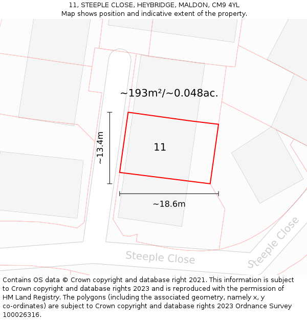 11, STEEPLE CLOSE, HEYBRIDGE, MALDON, CM9 4YL: Plot and title map
