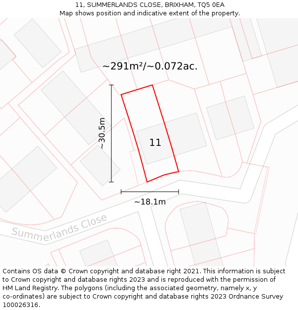 11, SUMMERLANDS CLOSE, BRIXHAM, TQ5 0EA: Plot and title map
