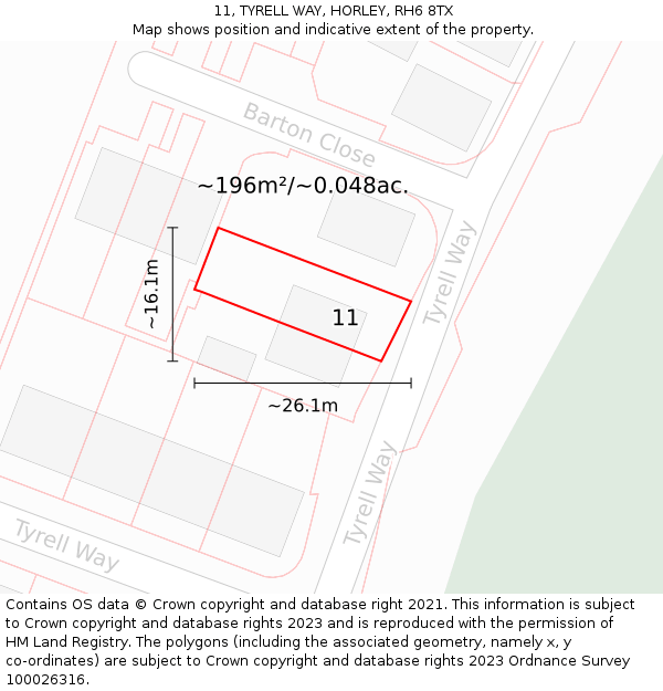11, TYRELL WAY, HORLEY, RH6 8TX: Plot and title map