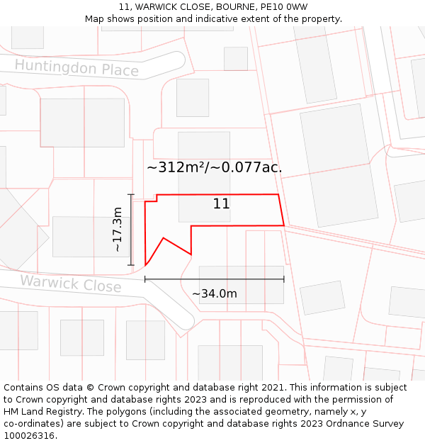 11, WARWICK CLOSE, BOURNE, PE10 0WW: Plot and title map