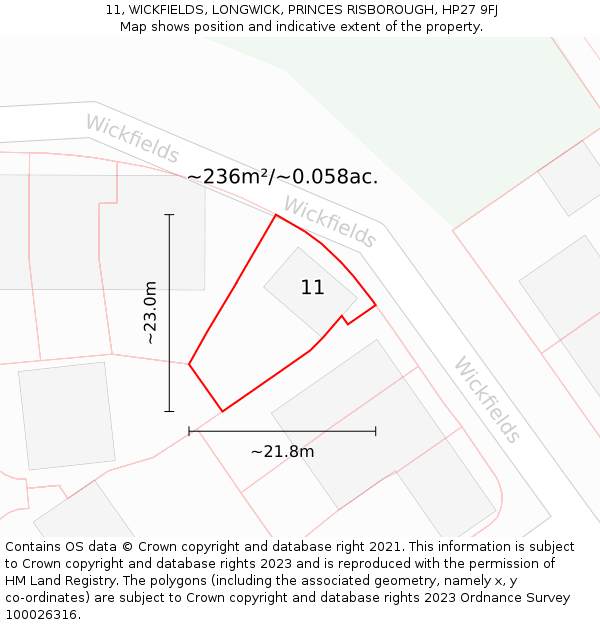 11, WICKFIELDS, LONGWICK, PRINCES RISBOROUGH, HP27 9FJ: Plot and title map
