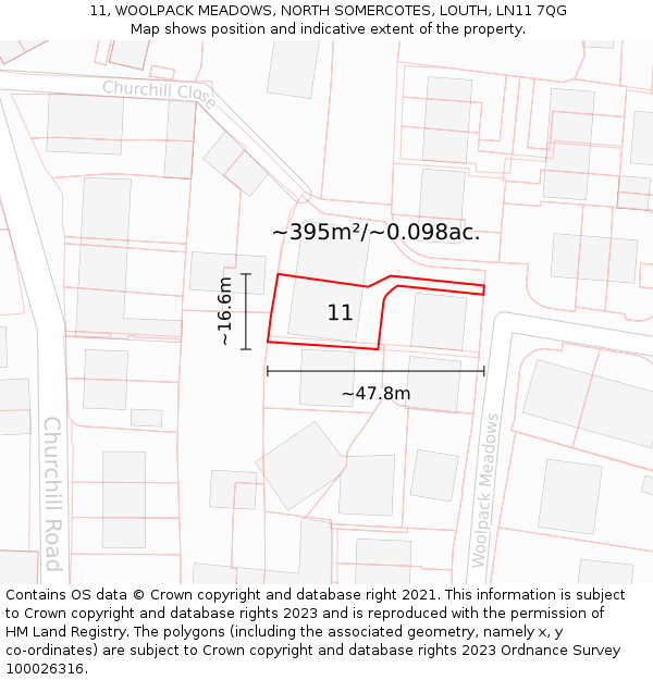 11, WOOLPACK MEADOWS, NORTH SOMERCOTES, LOUTH, LN11 7QG: Plot and title map