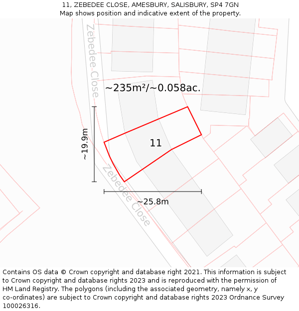 11, ZEBEDEE CLOSE, AMESBURY, SALISBURY, SP4 7GN: Plot and title map