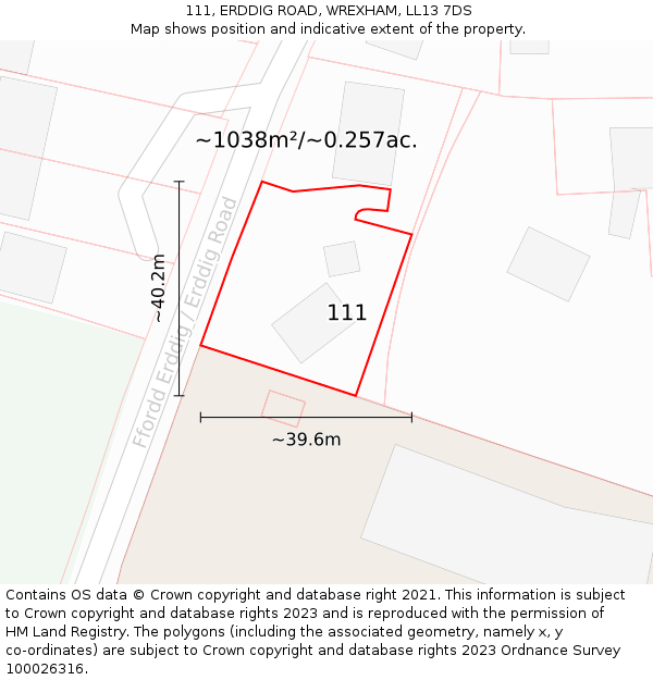 111, ERDDIG ROAD, WREXHAM, LL13 7DS: Plot and title map