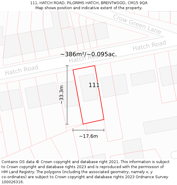 111, HATCH ROAD, PILGRIMS HATCH, BRENTWOOD, CM15 9QA: Plot and title map