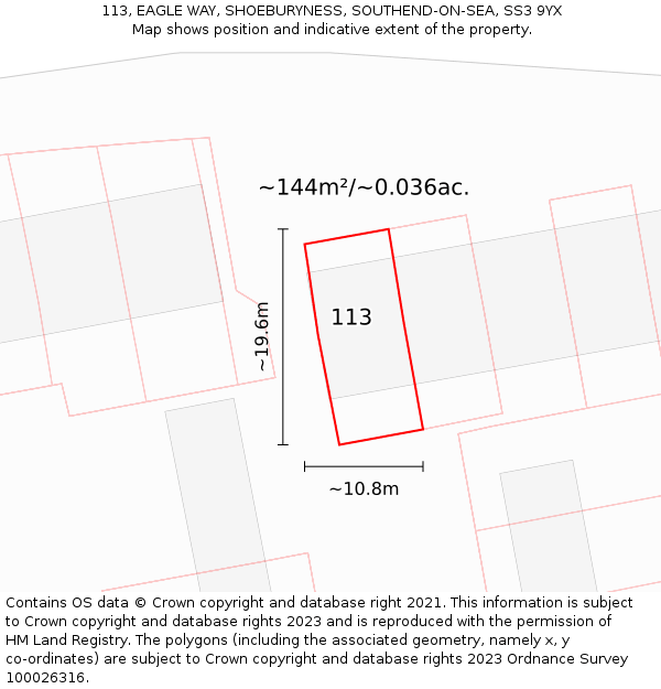 113, EAGLE WAY, SHOEBURYNESS, SOUTHEND-ON-SEA, SS3 9YX: Plot and title map