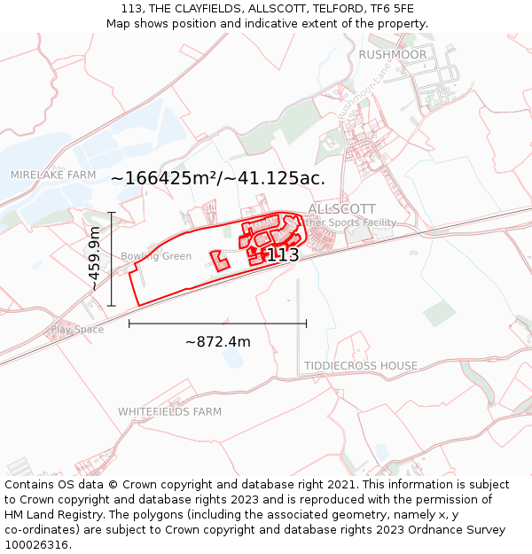 113, THE CLAYFIELDS, ALLSCOTT, TELFORD, TF6 5FE: Plot and title map