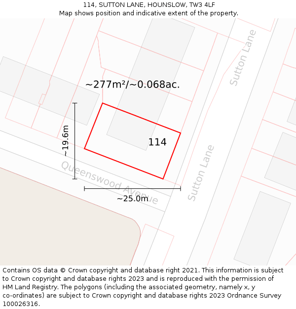 114, SUTTON LANE, HOUNSLOW, TW3 4LF: Plot and title map