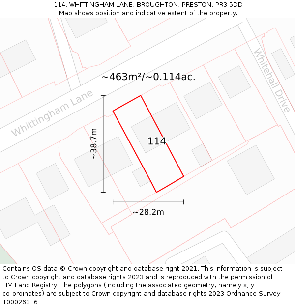 114, WHITTINGHAM LANE, BROUGHTON, PRESTON, PR3 5DD: Plot and title map