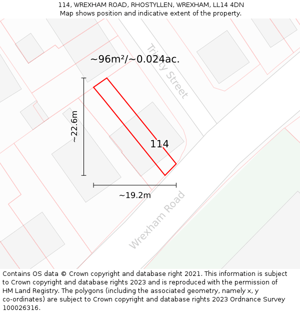 114, WREXHAM ROAD, RHOSTYLLEN, WREXHAM, LL14 4DN: Plot and title map