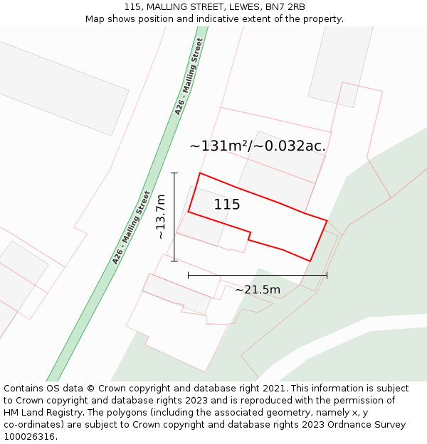 115, MALLING STREET, LEWES, BN7 2RB: Plot and title map