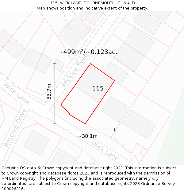 115, WICK LANE, BOURNEMOUTH, BH6 4LD: Plot and title map