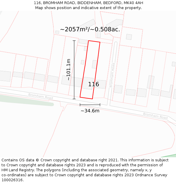 116, BROMHAM ROAD, BIDDENHAM, BEDFORD, MK40 4AH: Plot and title map