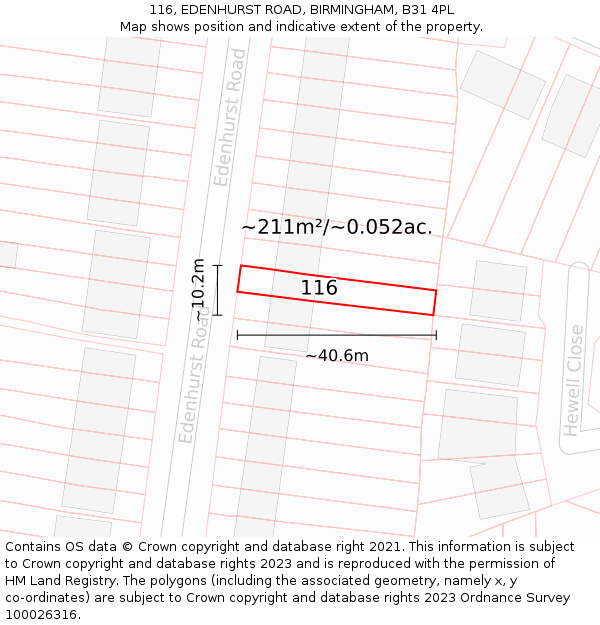 116, EDENHURST ROAD, BIRMINGHAM, B31 4PL: Plot and title map
