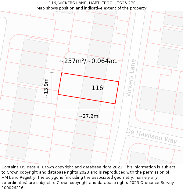 116, VICKERS LANE, HARTLEPOOL, TS25 2BF: Plot and title map