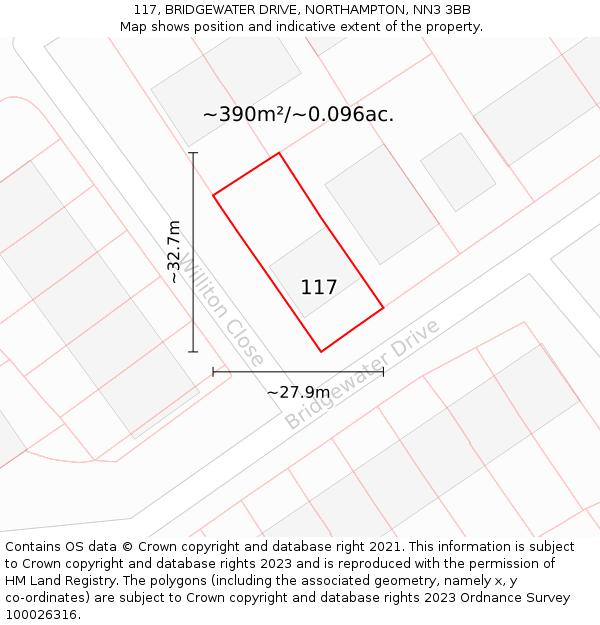 117, BRIDGEWATER DRIVE, NORTHAMPTON, NN3 3BB: Plot and title map
