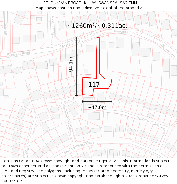 117, DUNVANT ROAD, KILLAY, SWANSEA, SA2 7NN: Plot and title map