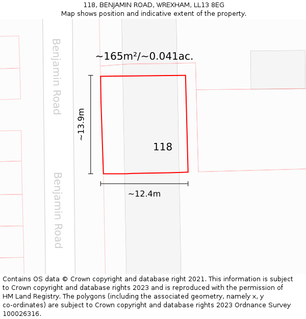 118, BENJAMIN ROAD, WREXHAM, LL13 8EG: Plot and title map
