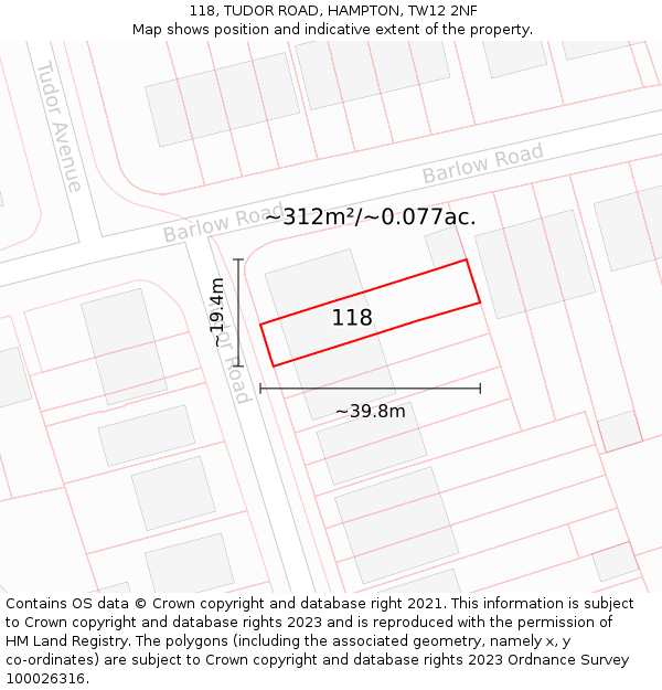 118, TUDOR ROAD, HAMPTON, TW12 2NF: Plot and title map