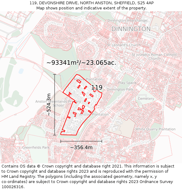 119, DEVONSHIRE DRIVE, NORTH ANSTON, SHEFFIELD, S25 4AP: Plot and title map