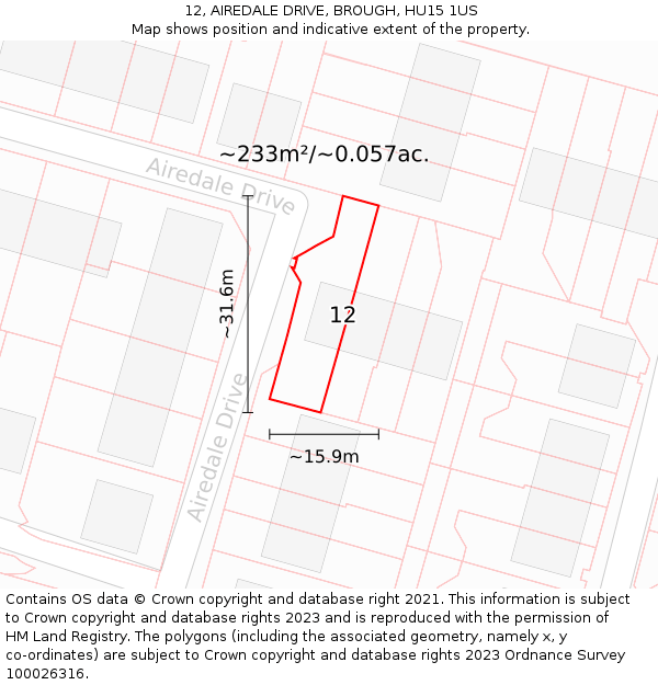 12, AIREDALE DRIVE, BROUGH, HU15 1US: Plot and title map