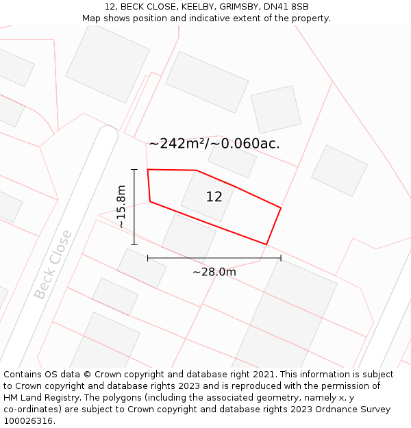 12, BECK CLOSE, KEELBY, GRIMSBY, DN41 8SB: Plot and title map
