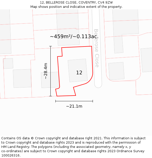 12, BELLEROSE CLOSE, COVENTRY, CV4 9ZW: Plot and title map