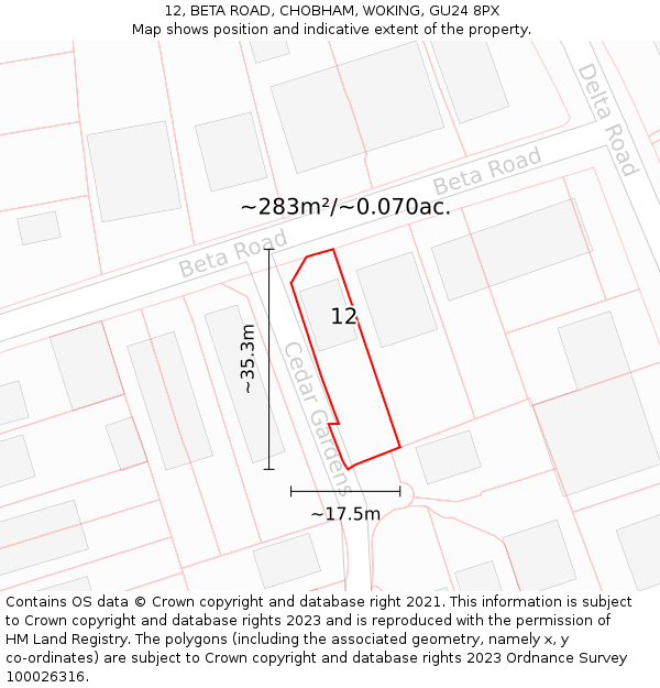 12, BETA ROAD, CHOBHAM, WOKING, GU24 8PX: Plot and title map
