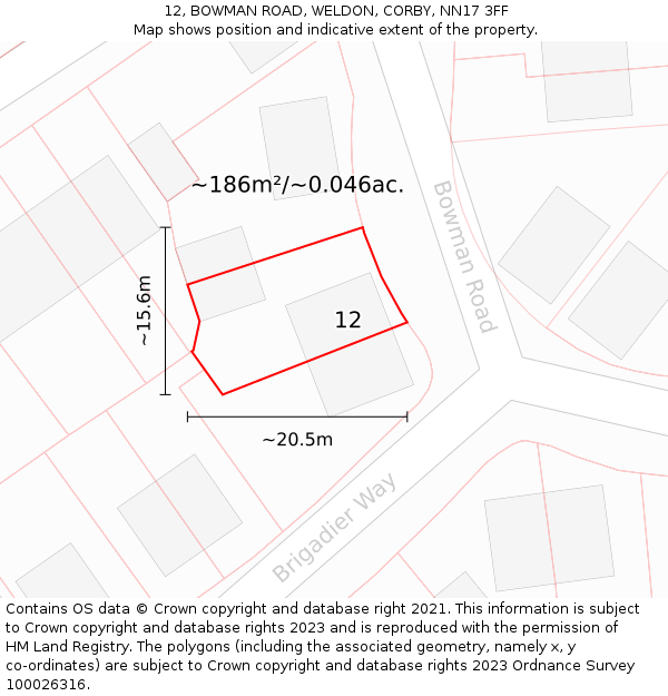 12, BOWMAN ROAD, WELDON, CORBY, NN17 3FF: Plot and title map