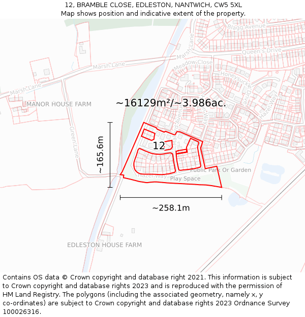 12, BRAMBLE CLOSE, EDLESTON, NANTWICH, CW5 5XL: Plot and title map