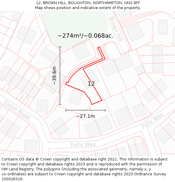 12, BROWN HILL, BOUGHTON, NORTHAMPTON, NN2 8FF: Plot and title map
