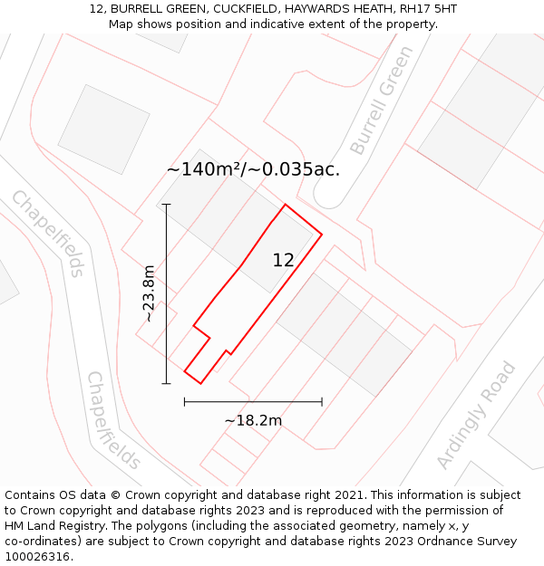 12, BURRELL GREEN, CUCKFIELD, HAYWARDS HEATH, RH17 5HT: Plot and title map