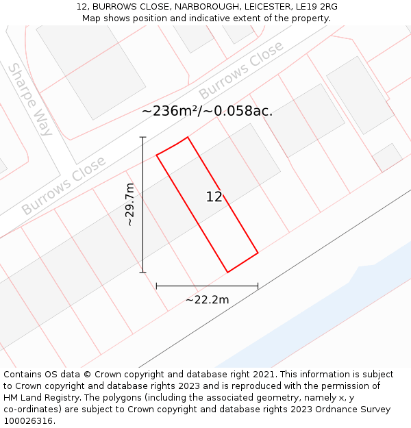12, BURROWS CLOSE, NARBOROUGH, LEICESTER, LE19 2RG: Plot and title map