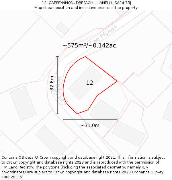 12, CAEFFYNNON, DREFACH, LLANELLI, SA14 7BJ: Plot and title map