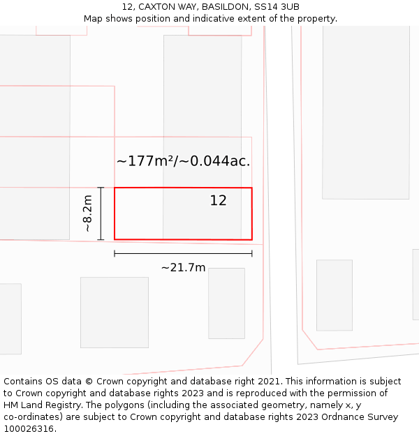 12, CAXTON WAY, BASILDON, SS14 3UB: Plot and title map