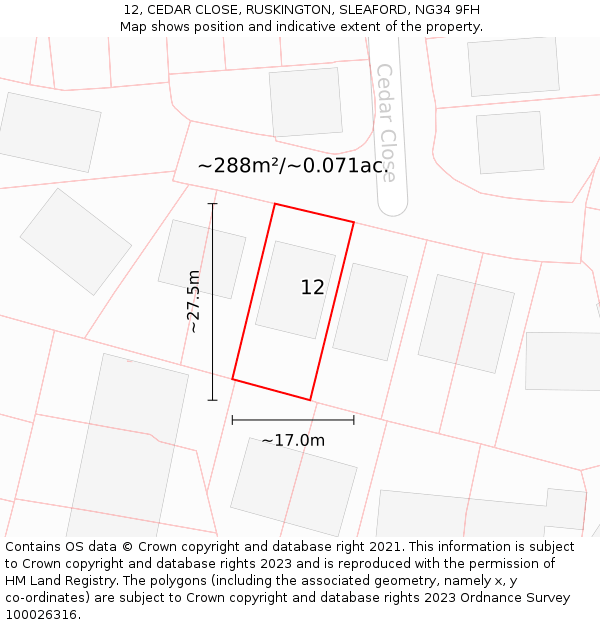 12, CEDAR CLOSE, RUSKINGTON, SLEAFORD, NG34 9FH: Plot and title map