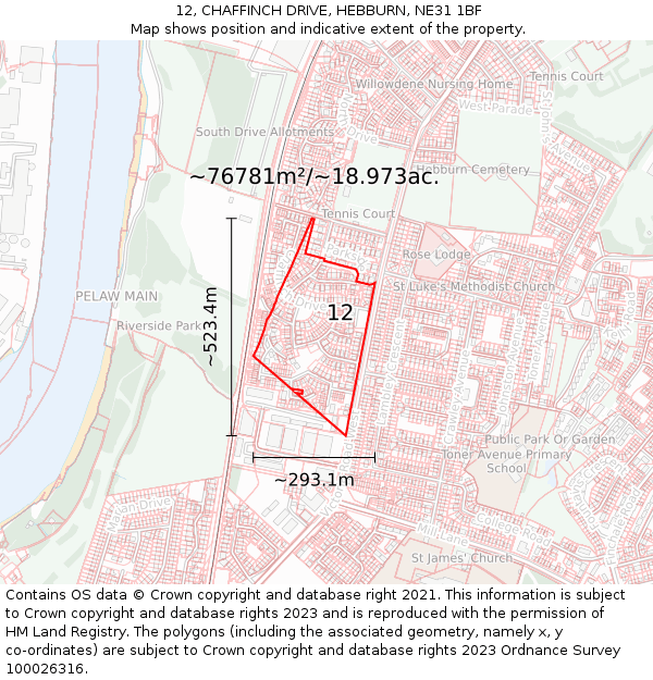 12, CHAFFINCH DRIVE, HEBBURN, NE31 1BF: Plot and title map