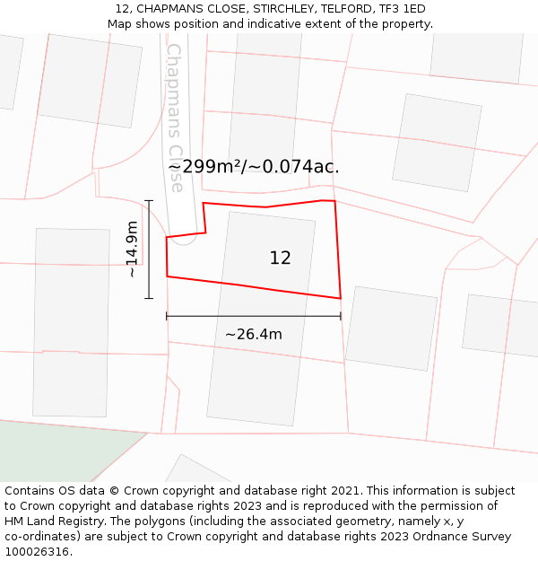 12, CHAPMANS CLOSE, STIRCHLEY, TELFORD, TF3 1ED: Plot and title map