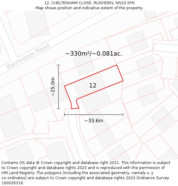 12, CHELTENHAM CLOSE, RUSHDEN, NN10 0YN: Plot and title map