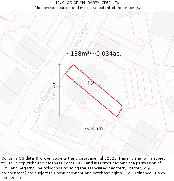 12, CLOS CELYN, BARRY, CF63 1FW: Plot and title map