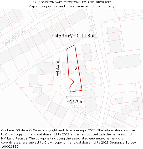12, CONISTON WAY, CROSTON, LEYLAND, PR26 9SD: Plot and title map