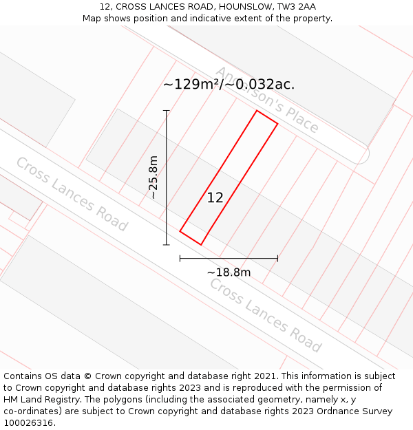 12, CROSS LANCES ROAD, HOUNSLOW, TW3 2AA: Plot and title map