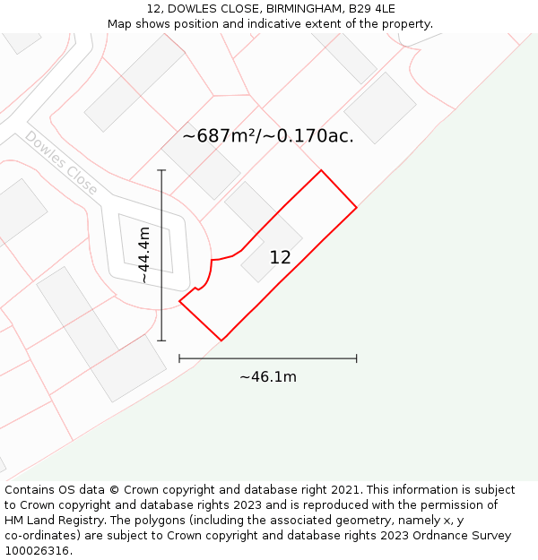 12, DOWLES CLOSE, BIRMINGHAM, B29 4LE: Plot and title map