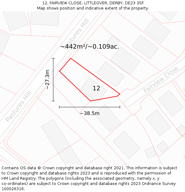 12, FAIRVIEW CLOSE, LITTLEOVER, DERBY, DE23 3SF: Plot and title map